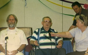 BAKERSFIELD Experiences in the Teaching Mission included the transmissions of Jack Baker, physically disabled but spirit connected. The group welcomed new teachers onto the planet and explored the concept of “reflectivity” in the transmitting process.  At left is another transmitter, Al Wolf. At right, his wife Gerry Baker and Calvin McKee of the Salt Lake City TM group.